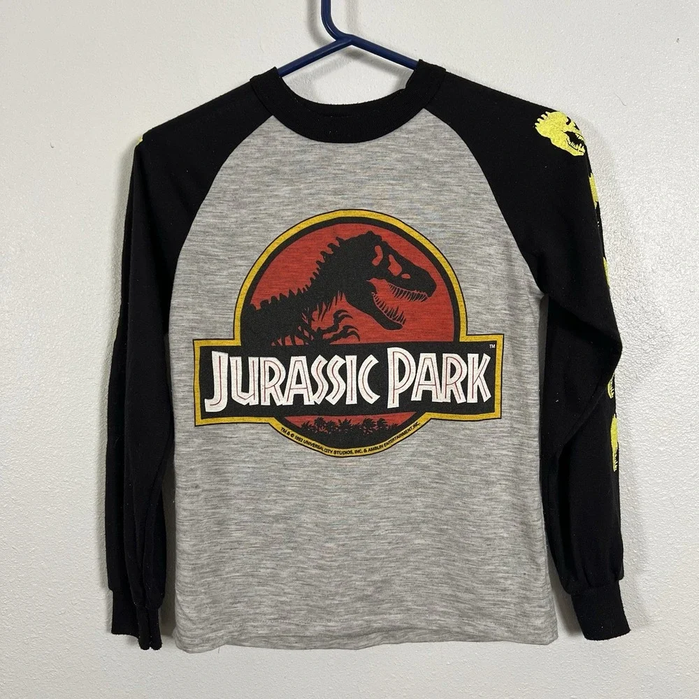 Jurassic Park Kids‎ Long Sleeve Raglan Shirt Gray Black Dinosaur Graphic Size 14